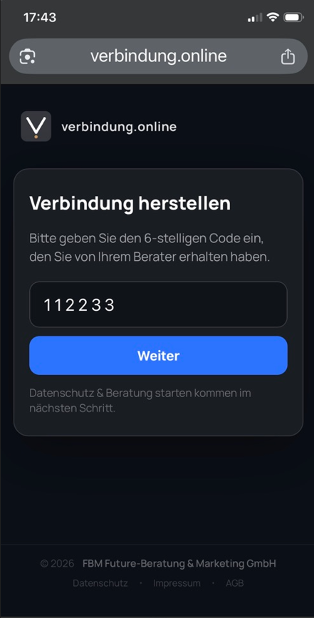 Kundenansicht auf dem Handy: verbindung.online mit Eingabe des 6-stelligen Codes